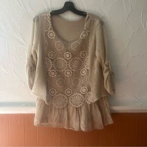 Beige Layered Knit Top with Floral Lace